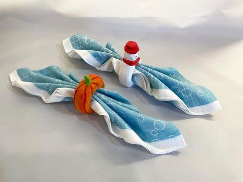 Set of 4 Hand-Carved Wooden Holiday Napkin Rings, Christmas Tree, Santa, Pumpkin & Snowman Designs, Festive Table Decor in Kuwait