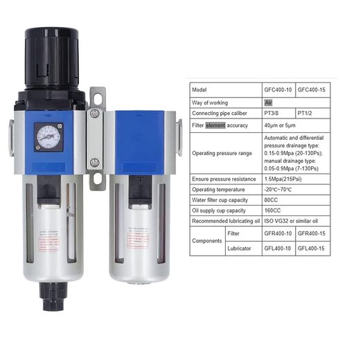 Compressed Air Filter Regulator Lubricator Combo High Performance 3 in 1 Unit with Water Oil Trap Separator for Industrial Pneumatic Systems Aluminum Alloy Construction PT3 (GFC400-10) in Kuwait