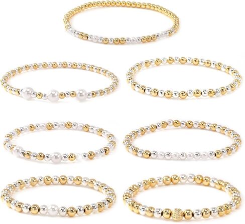 Gold Bracelets for Women Stackable 14K Gold Silver Plated Beaded Bracelets Stack Elastic Stretch Non Tarnish Bead Ball Stack Stretch Adjustable Dainty Jewelry Trendy Prom Gifts for Women in Saudi Arabia
