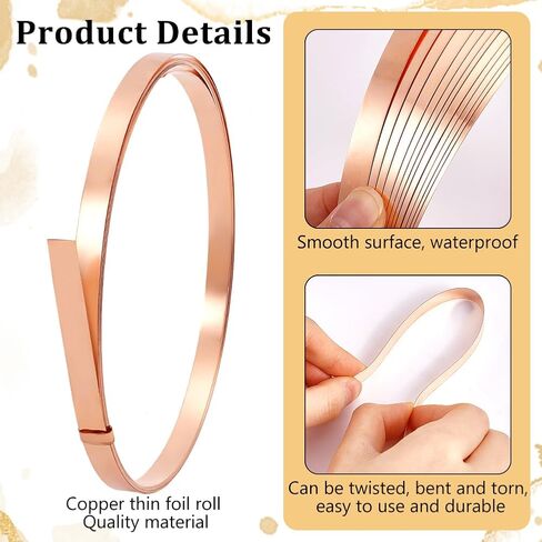 PH PandaHall ورقة النحاس لفة النحاس احباط لوحة النحاس وامض لفة 6.5 ياردة، 0.2x10mm ورقة رقيقة النحاس الذهب الوردي 32 قياس شرائط معدنية النحاس للمجوهرات DIY قطع الحرف اليدوية صنع إصلاحات المنزل in Kuwait
