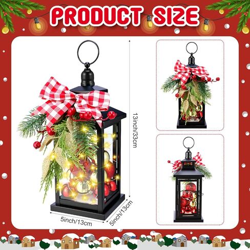 Honoson 2 Pcs Christmas Lanterns Decorative with LED String Lights Metal Hanging Xmas Vintage Lantern with Red Ribbon Berry for Indoor Outdoor Xmas Home Porch Party Decor(Bow) in Saudi Arabia