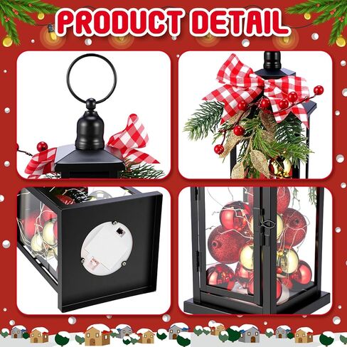 Honoson 2 Pcs Christmas Lanterns Decorative with LED String Lights Metal Hanging Xmas Vintage Lantern with Red Ribbon Berry for Indoor Outdoor Xmas Home Porch Party Decor(Bow) in Saudi Arabia