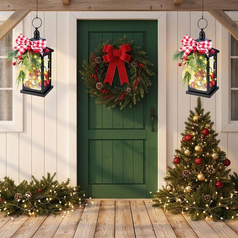 Honoson 2 Pcs Christmas Lanterns Decorative with LED String Lights Metal Hanging Xmas Vintage Lantern with Red Ribbon Berry for Indoor Outdoor Xmas Home Porch Party Decor(Bow) in Saudi Arabia