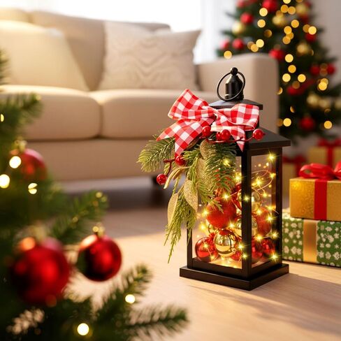 Honoson 2 Pcs Christmas Lanterns Decorative with LED String Lights Metal Hanging Xmas Vintage Lantern with Red Ribbon Berry for Indoor Outdoor Xmas Home Porch Party Decor(Bow) in Saudi Arabia