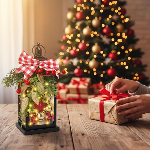 Honoson 2 Pcs Christmas Lanterns Decorative with LED String Lights Metal Hanging Xmas Vintage Lantern with Red Ribbon Berry for Indoor Outdoor Xmas Home Porch Party Decor(Bow) in Saudi Arabia