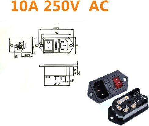 2 Pcs IEC320 C14 Inlet Module Power Socket - AC 250V 10A, 4 Terminals, DPST Rocker Switch with Red Indicator Light & Fuse Holder for Lab, Fitness & Industrial Equipment in Kuwait