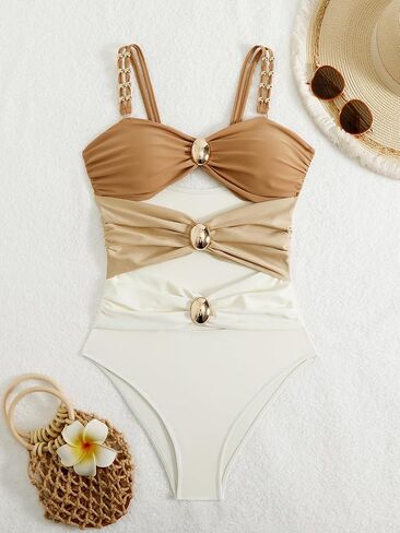 Women's Cutout One-Piece Swimsuit Cute Bathing Suits Monokini Color Block Swimwear in Saudi Arabia