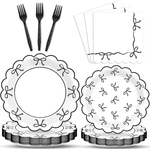 96Pcs Black White Bow Party Decorations Girl Bow Birthday Paper Plates Napkins Supplies Bowknot Themed Cake Tableware Dinnerware for Bachelorette Engagement Wedding Baby Bridal Shower Serves 24 in Kuwait