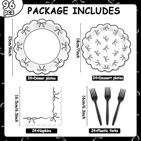 96Pcs Black White Bow Party Decorations Girl Bow Birthday Paper Plates Napkins Supplies Bowknot Themed Cake Tableware Dinnerware for Bachelorette Engagement Wedding Baby Bridal Shower Serves 24 in Kuwait