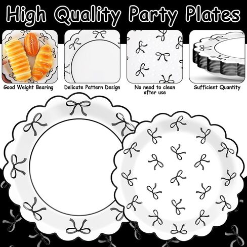 96Pcs Black White Bow Party Decorations Girl Bow Birthday Paper Plates Napkins Supplies Bowknot Themed Cake Tableware Dinnerware for Bachelorette Engagement Wedding Baby Bridal Shower Serves 24 in Kuwait