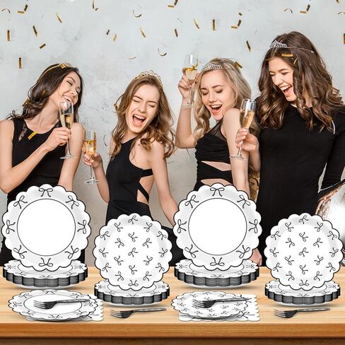 96Pcs Black White Bow Party Decorations Girl Bow Birthday Paper Plates Napkins Supplies Bowknot Themed Cake Tableware Dinnerware for Bachelorette Engagement Wedding Baby Bridal Shower Serves 24 in Kuwait