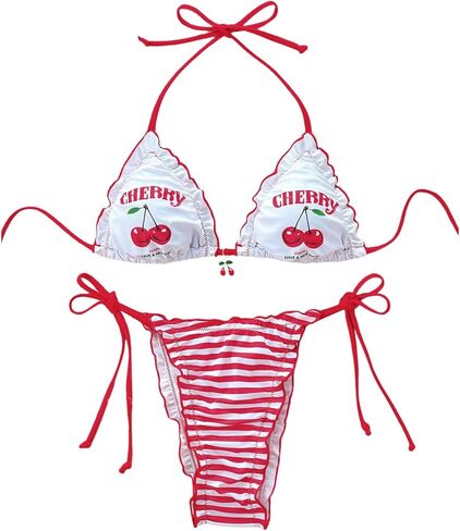 Verdusa Women's 2 Piece Cute Bikinis Halter Triangle Tie Cherry Striped Ruffle Bikini Sets Swimsuit in Saudi Arabia