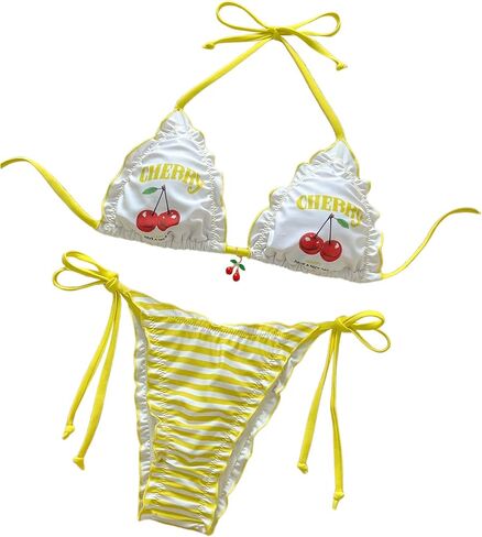 Verdusa Women's 2 Piece Cute Bikinis Halter Triangle Tie Cherry Striped Ruffle Bikini Sets Swimsuit in Saudi Arabia