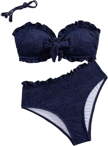 SHENHE Women's High Waisted Strapless Bikini Two Piece Textured Ruffle Bandeau Swimsuits in Kuwait