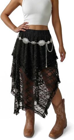 Women's Lace Long Skirts Elastic Asymmetrical Layered Hem Flowy Skirt Sexy See-Through Floral Beach Maxi Skirt in Saudi Arabia