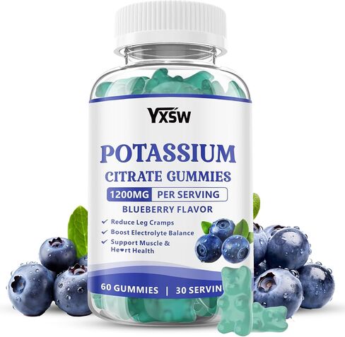 Potassium Citrate 1200mg Gummies for Adults Women & Men, Chewable Potassium Supplement for Muscle Health & Electrolyte Support, Sugar Free, Blueberry Flavor, 60 Count in Kuwait