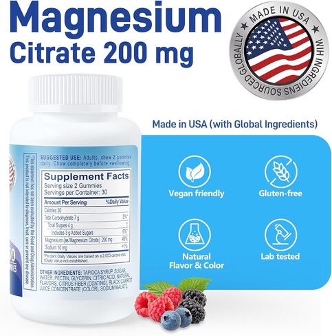 Biobor Magnesium Citrate Gummies 200mg for Adults, High Absorption Magnesium Supplement for Leg Cramps, Stress Relaxation, Muscle Health, No Artificial Colors or Flavors, Gluten Free, Vegetarian in Saudi Arabia