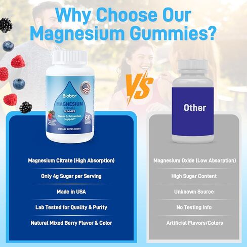 Biobor Magnesium Citrate Gummies 200mg for Adults, High Absorption Magnesium Supplement for Leg Cramps, Stress Relaxation, Muscle Health, No Artificial Colors or Flavors, Gluten Free, Vegetarian in Saudi Arabia