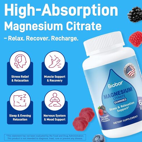 Biobor Magnesium Citrate Gummies 200mg for Adults, High Absorption Magnesium Supplement for Leg Cramps, Stress Relaxation, Muscle Health, No Artificial Colors or Flavors, Gluten Free, Vegetarian in Saudi Arabia
