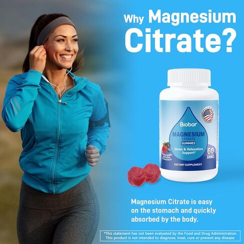 Biobor Magnesium Citrate Gummies 200mg for Adults, High Absorption Magnesium Supplement for Leg Cramps, Stress Relaxation, Muscle Health, No Artificial Colors or Flavors, Gluten Free, Vegetarian in Saudi Arabia