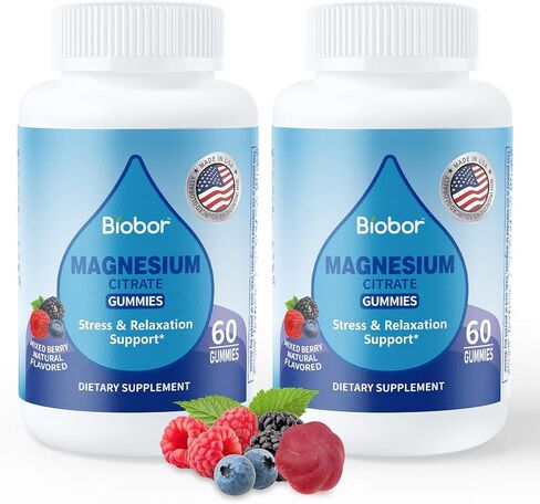 Biobor Magnesium Citrate Gummies 200mg for Adults, High Absorption Magnesium Supplement for Leg Cramps, Stress Relaxation, Muscle Health, No Artificial Colors or Flavors, Gluten Free, Vegetarian in Kuwait