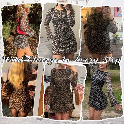 Ammiko Women's Cheetah Print Mini Dress Y2k Bell Long Sleeve Leopard Dresses Going Out Sexy Booty Rave Club Outfits in Saudi Arabia