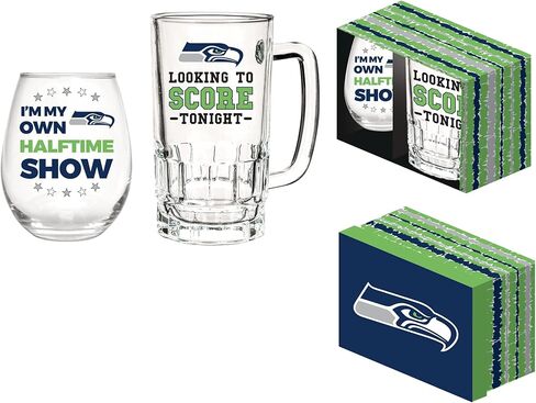 Team Sports America NFL Seattle Seahawks, Stemless 17 OZ Wine Glass & Beer Mug 16 OZ Gift Set with Box | Keeps Drinks Cold | Officially Licensed in Kuwait