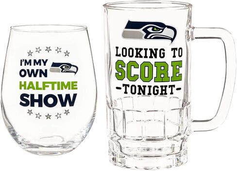 Team Sports America NFL Seattle Seahawks, Stemless 17 OZ Wine Glass & Beer Mug 16 OZ Gift Set with Box | Keeps Drinks Cold | Officially Licensed in Kuwait