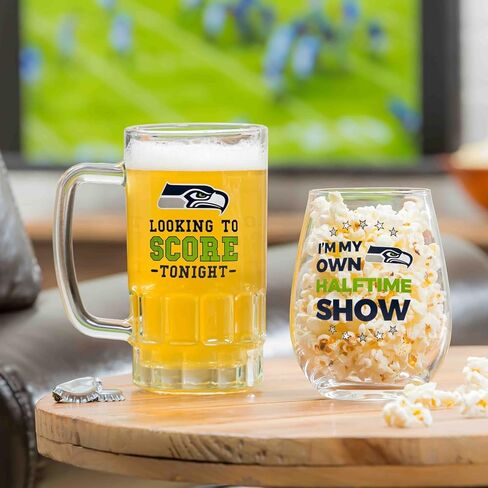 Team Sports America NFL Seattle Seahawks, Stemless 17 OZ Wine Glass & Beer Mug 16 OZ Gift Set with Box | Keeps Drinks Cold | Officially Licensed in Kuwait