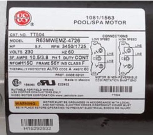 U.S. Motors Emerson 56Y Thru-Bolt Dual Speed 2.5/0.33HP Full-Rated Pool and Spa Motor TT504 in Kuwait