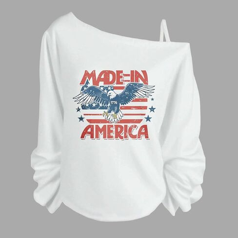 Women’s Off Shoulder Graphic Sweatshirt Made In America Eagle Print – Patriotic USA Flag Casual Loose Long Sleeve Top in Kuwait