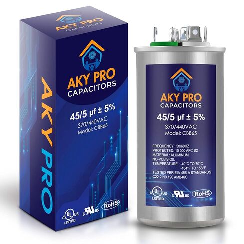مكثف 45+5 فائق التوهج 45/5 MFD ±5% 370 فولت/440 فولت 50/60 هرتز CBB65 مكثف تيار متردد مزدوج التشغيل - مثالي لمحرك مروحة وحدة تكييف الهواء وبدء تشغيل الضاغط، مضخة حرارية، مكثف مستقيم بارد، HVAC in Kuwait