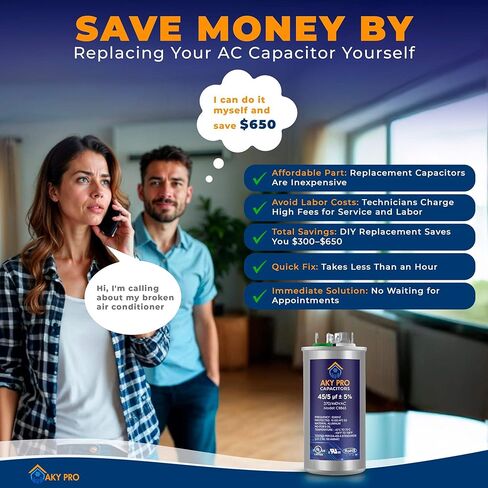 مكثف 45+5 فائق التوهج 45/5 MFD ±5% 370 فولت/440 فولت 50/60 هرتز CBB65 مكثف تيار متردد مزدوج التشغيل - مثالي لمحرك مروحة وحدة تكييف الهواء وبدء تشغيل الضاغط، مضخة حرارية، مكثف مستقيم بارد، HVAC in Kuwait