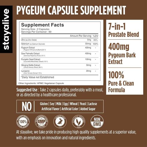 STAY ALIVE Pygeum Africanum Supplement, 7-in-1 Extract w/Saw Palmetto, Pumpkin Seed, Stinging Nettle and Lycopene, 120 Vegan Capsules, Non-GMO and Gluten-Free Pygeum Supplement for Men and Women in Kuwait