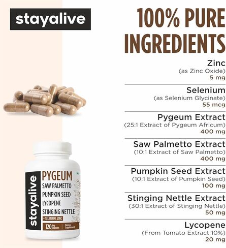 STAY ALIVE Pygeum Africanum Supplement, 7-in-1 Extract w/Saw Palmetto, Pumpkin Seed, Stinging Nettle and Lycopene, 120 Vegan Capsules, Non-GMO and Gluten-Free Pygeum Supplement for Men and Women in Kuwait