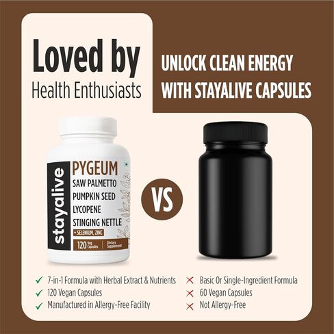 STAY ALIVE Pygeum Africanum Supplement, 7-in-1 Extract w/Saw Palmetto, Pumpkin Seed, Stinging Nettle and Lycopene, 120 Vegan Capsules, Non-GMO and Gluten-Free Pygeum Supplement for Men and Women in Kuwait