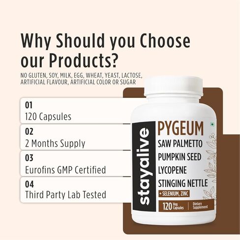 STAY ALIVE Pygeum Africanum Supplement, 7-in-1 Extract w/Saw Palmetto, Pumpkin Seed, Stinging Nettle and Lycopene, 120 Vegan Capsules, Non-GMO and Gluten-Free Pygeum Supplement for Men and Women in Kuwait