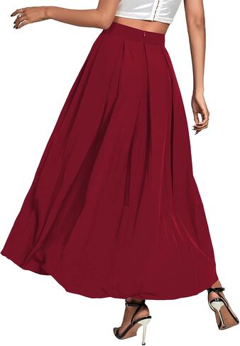 Women's Casual Pleated High Waist Solid Flowy A Line Long Maxi Skirt in Saudi Arabia