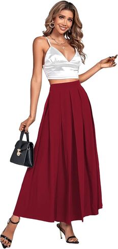 Women's Casual Pleated High Waist Solid Flowy A Line Long Maxi Skirt in Saudi Arabia
