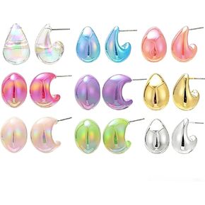 Fashion Forward Chunky Stud Earrings, 5Sets woman jewelry sets, earings set, water drop earings in Gold , Pink , Blue , Silver , beige.large tear drop earrings for women,Modern Statement Jewelry for Women, Packaged in a gift box in Kuwait