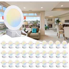 30 حزمة 6 بوصة 5CCT إضاءة LED رفيعة للغاية مع صندوق وصلات، 2700K-5000K مصباح سقف LED قابل للتحديد، 960LM إضاءة سفلية قابلة للتعتيم بدون غطاء، 12W Eqv 110W - تصنيف IC، معتمد من ETL in Kuwait
