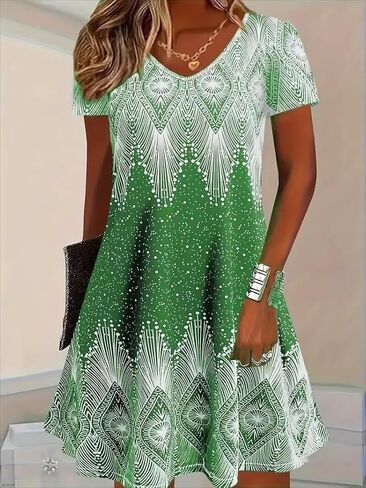 Plus Size Women's Dress Summer Fashionable and Comfortable Flower Sun Print Skirt Beach Bohemian V-Neck Skirt in Saudi Arabia