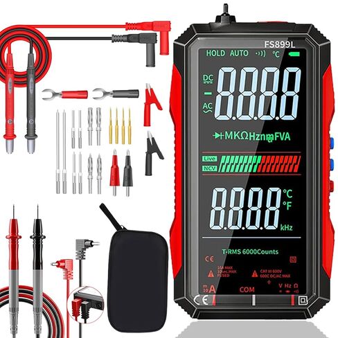 جهاز قياس متعدد رقمي FS899L، ترقية 2026، 6000 عدد RMS حقيقي، نطاق تلقائي، جهد التيار المتردد/المستمر، NCV، اختبار السعة، شاشة ملونة، USB-C قابل لإعادة الشحن، مع مجموعة 22 قطعة من سلاسل اختبار السيليكون in Kuwait