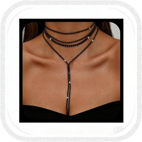 Black Layered Long Necklace Forwomen Sparkly Crystal Rhinestone Y-Necklaces Zirconia Crystal Tennis Necklace Choker Formal Party Bridal Prom Fashion Costume Jewelry in Saudi Arabia