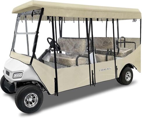 6 Passenger Golf Cart Enclosure for Club Car Villager 120" Extended Roof, 600D Waterproof Rain Cover with Full Roll-Up Clear Windows & Door, Zipper Side Mirrors Opening & Windproof Design in Kuwait