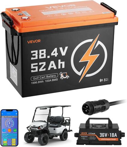 VEVOR 36V (38.4V) 52AH بطارية ليثيوم لعربة الجولف، مع شاحن 18A، طقم بطارية Lifepo4، مدمج 100A BMS، 4000 دورة، معدل تفريغ 2C، تطبيق بلوتوث للهاتف المحمول، لعربات الجولف، محركات التصيد in Kuwait