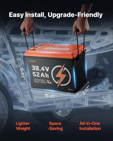 VEVOR 36V (38.4V) 52AH بطارية ليثيوم لعربة الجولف، مع شاحن 18A، طقم بطارية Lifepo4، مدمج 100A BMS، 4000 دورة، معدل تفريغ 2C، تطبيق بلوتوث للهاتف المحمول، لعربات الجولف، محركات التصيد in Kuwait
