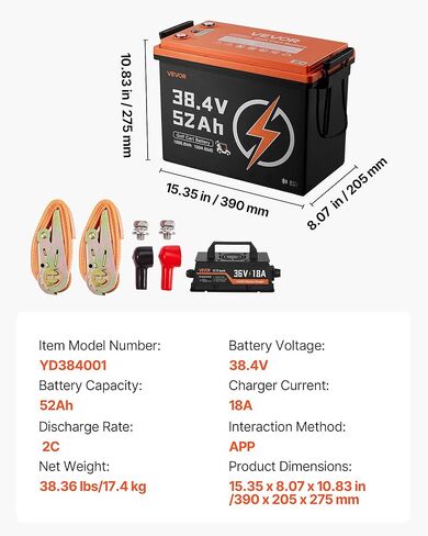 VEVOR 36V (38.4V) 52AH بطارية ليثيوم لعربة الجولف، مع شاحن 18A، طقم بطارية Lifepo4، مدمج 100A BMS، 4000 دورة، معدل تفريغ 2C، تطبيق بلوتوث للهاتف المحمول، لعربات الجولف، محركات التصيد in Kuwait