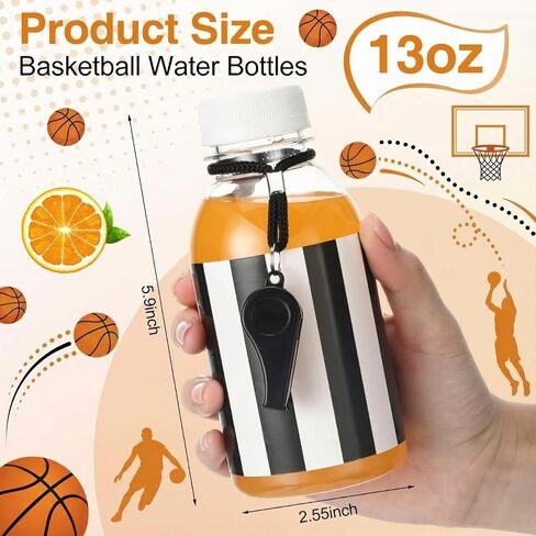 Vinsot 12 Pack Basketball Water Bottles Bulk 13 oz Basketball Party Favors Team Water Bottles with Referee Sticker & Whistle, Reusable Plastic Juice Bottle for Team Gifts & End of Season Sport Party in Kuwait