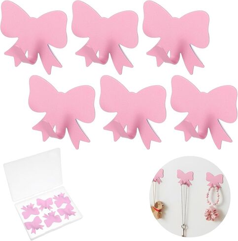 6 Pcs Metal Pink Bow Wall Hooks, Strong Adhesive Pink Bow Hanger for Wall Bows Knot Walls Hooks Bows Bathroom Decor Cute Towel Coat Hangers for Bathroom Bedroom Kitchen Office in Kuwait